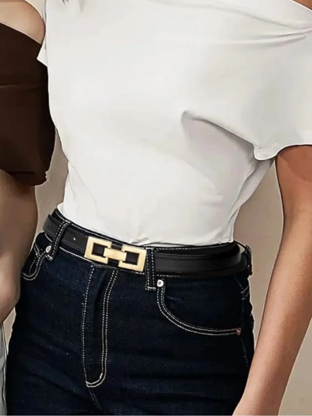 Brand New Black Leather Waist Belt with Gold Geometric Buckle Waist Size 25”-34”